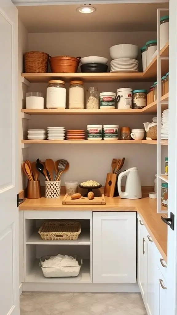 A well-organized baking station in a walk-in pantry with shelves of ingredients and utensils.