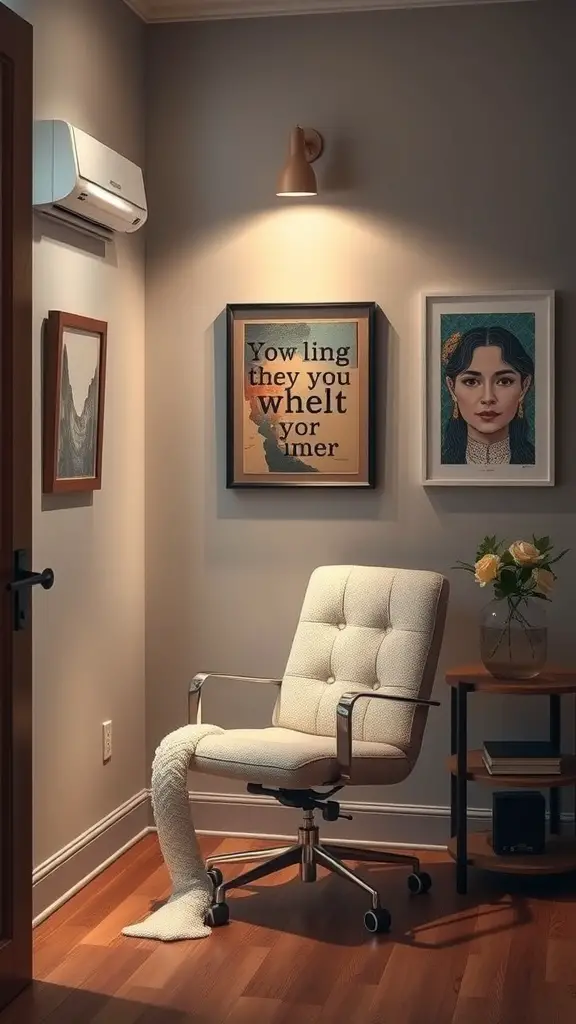 A cozy office nook featuring a comfortable chair, wall art, and a small table with flowers.