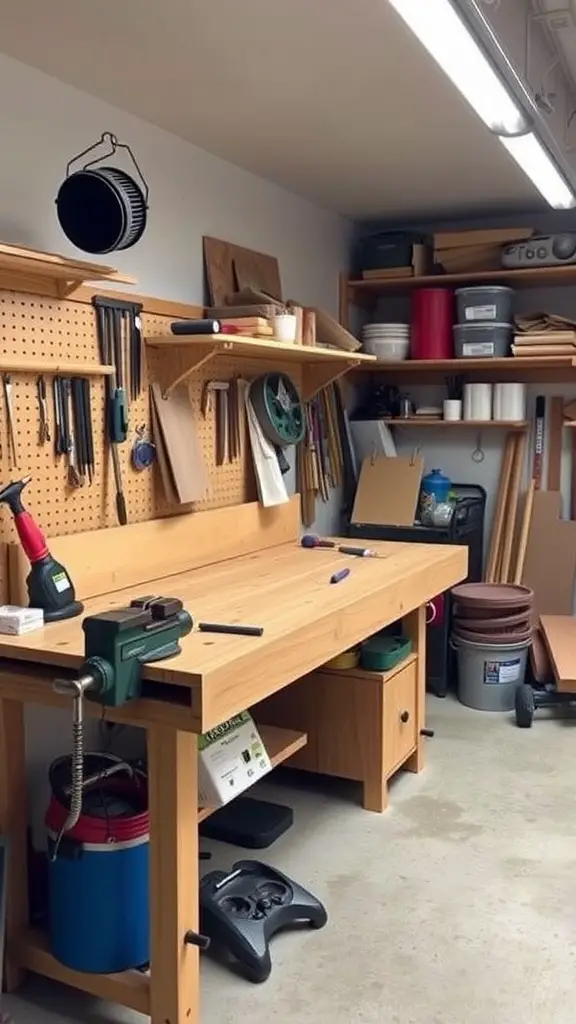 A well-organized garage workbench area with tools on a pegboard and shelves for storage.