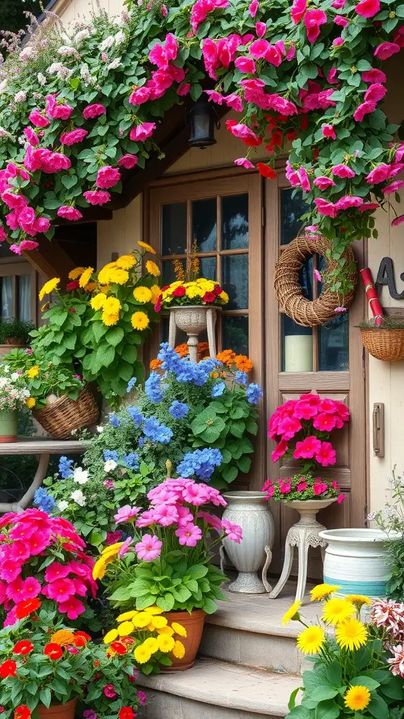 A vibrant cottage garden entrance with colorful flowers in pots and baskets.