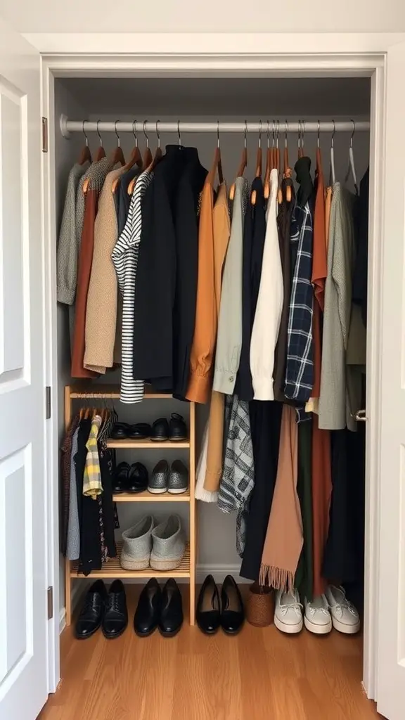 A small walk-in closet with organized clothing and shoes, showcasing a seasonal rotation system.