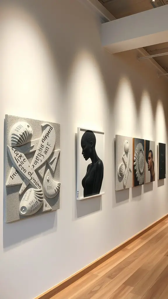 29 Creative DIY Concrete Molds for Your Next Project 9 A gallery wall showcasing various concrete wall art pieces, featuring intricate designs and textures.