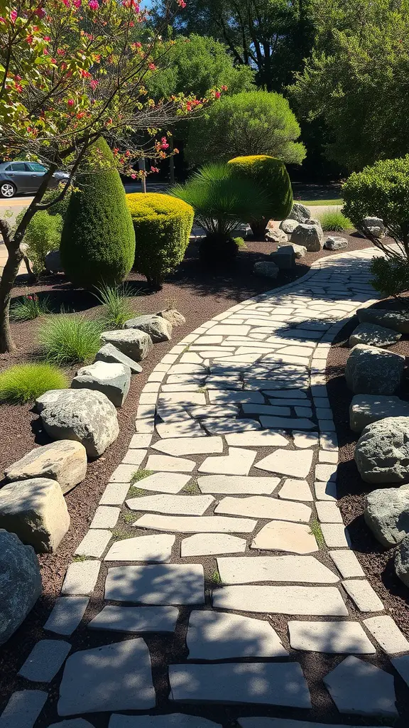 19 Creative Shadow Garden Ideas to Transform Your Outdoor Space 10 A winding stone pathway surrounded by lush greenery and decorative rocks.