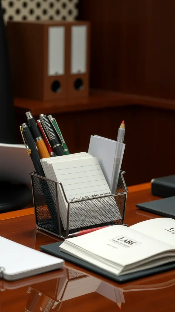 15 Creative Office Storage Ideas to Maximize Space 11 A desk organizer with pens, notepads, and sticky notes on a wooden desk.