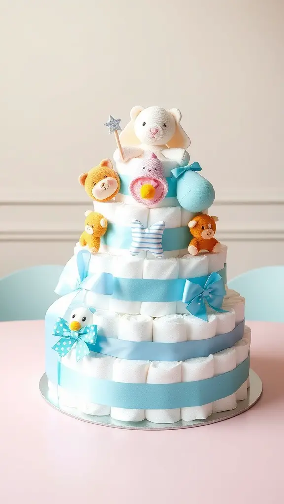 21 Thoughtful Baby Shower Basket Gift Ideas 6 A decorative diaper cake with plush toys and ribbons, designed for a baby shower.