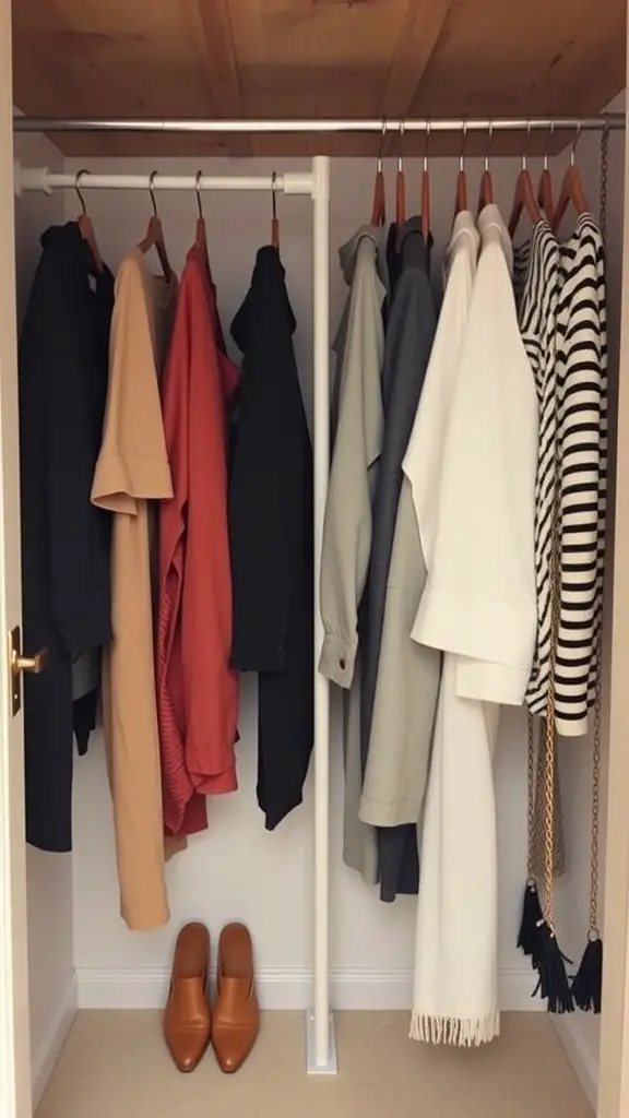 23 Creative Small Closet Organization Ideas for Maximum Space 2 A neatly organized closet with a tension rod holding various clothes, showcasing effective space division.