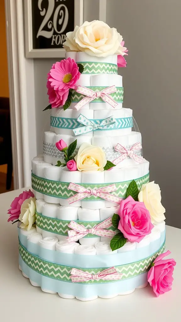 17 Creative Dollar Tree Baby Shower Ideas on a Budget 15 A tiered diaper cake made from rolled diapers, decorated with ribbons and faux flowers.
