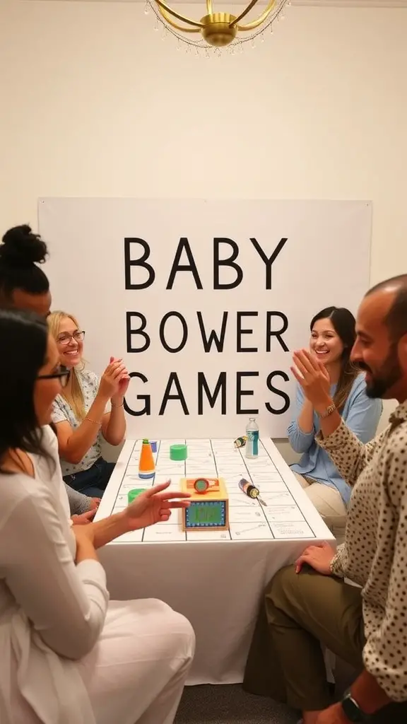 17 Creative Dollar Tree Baby Shower Ideas on a Budget 8 Group of friends playing baby shower games at a table with a sign that says 'BABY BOWER GAMES'