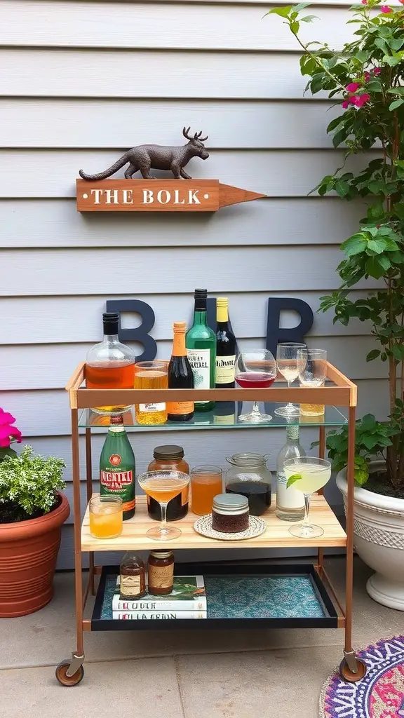 A stylish DIY bar cart on a patio with drinks and decorative elements.