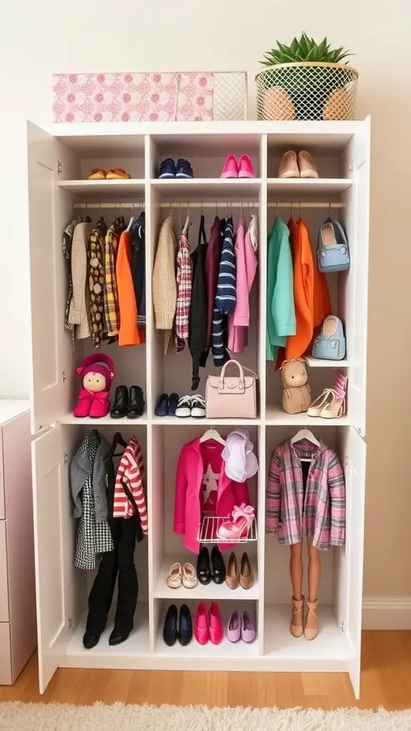 17 Creative Storage Ideas for Your Barbie Collection 9 A DIY Barbie closet organizer with colorful outfits and accessories neatly arranged.