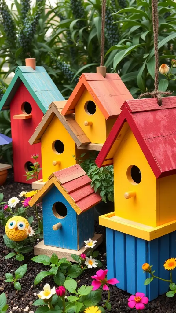 23 Creative DIY Yard Decor Ideas You Can't Miss 9 Colorful DIY birdhouses in a garden setting surrounded by flowers