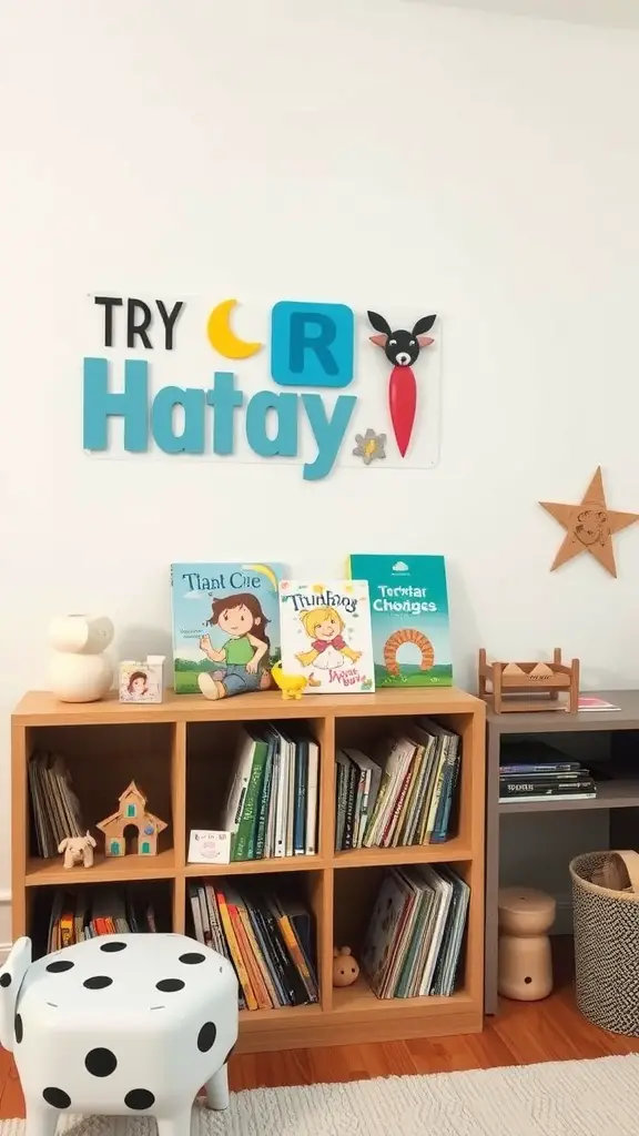 A cozy children's room featuring a wooden bookcase with colorful books and toys, a polka-dotted stool, and playful decor.