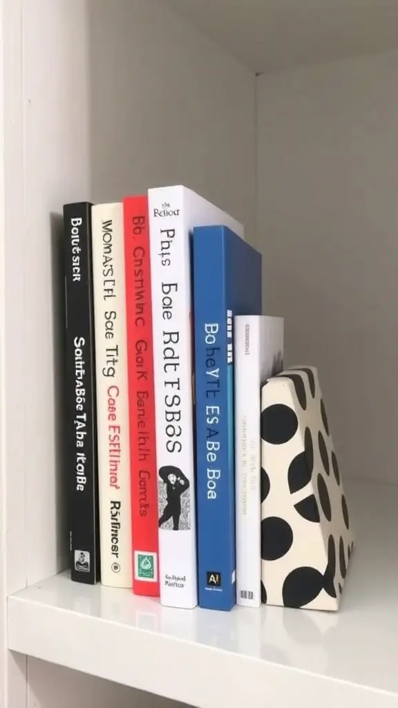 23 Creative Book Storage Ideas for Every Home 14 A collection of colorful books with a stylish polka-dotted bookend on a shelf.