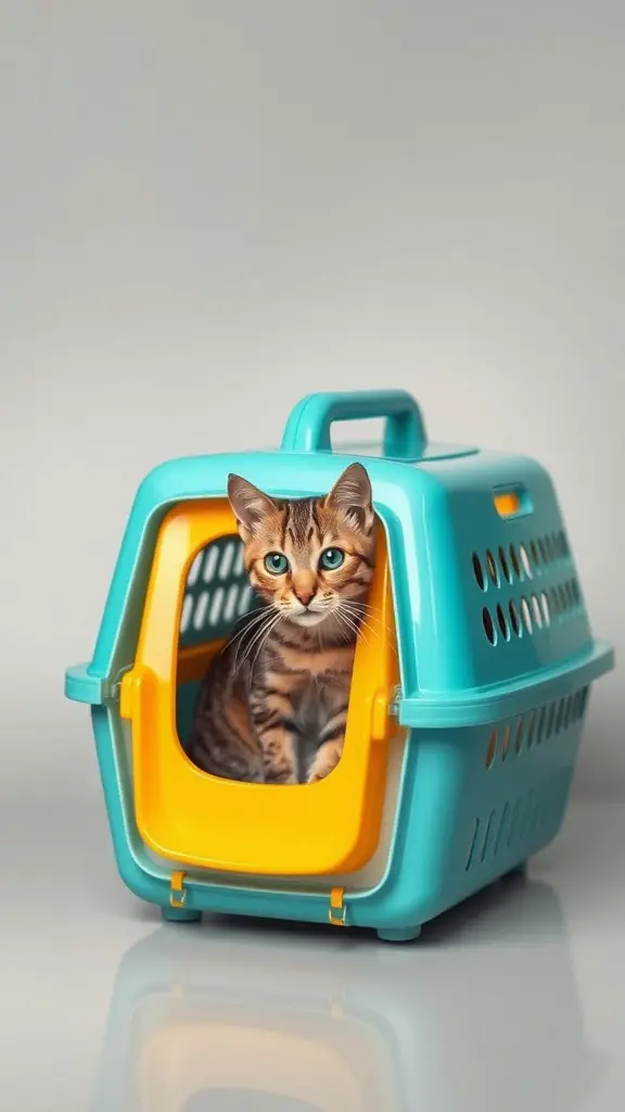 17+ Purr-fect DIY Projects for Cat Lovers 11 A playful cat sitting inside a bright turquoise and yellow cat carrier.