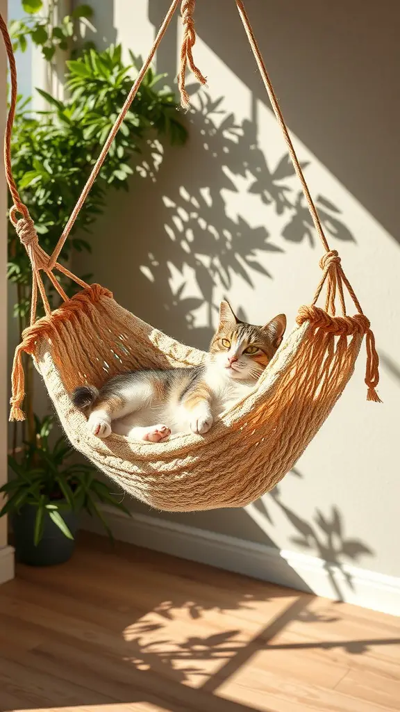 17+ Purr-fect DIY Projects for Cat Lovers 16 A cat relaxing in a cozy hammock, with sunlight streaming in and plants in the background.