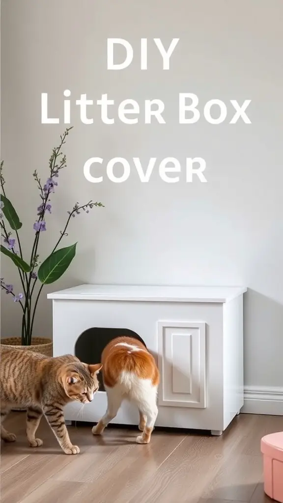 17+ Purr-fect DIY Projects for Cat Lovers 6 A stylish DIY litter box cover with two cats nearby, showcasing a modern home decor.