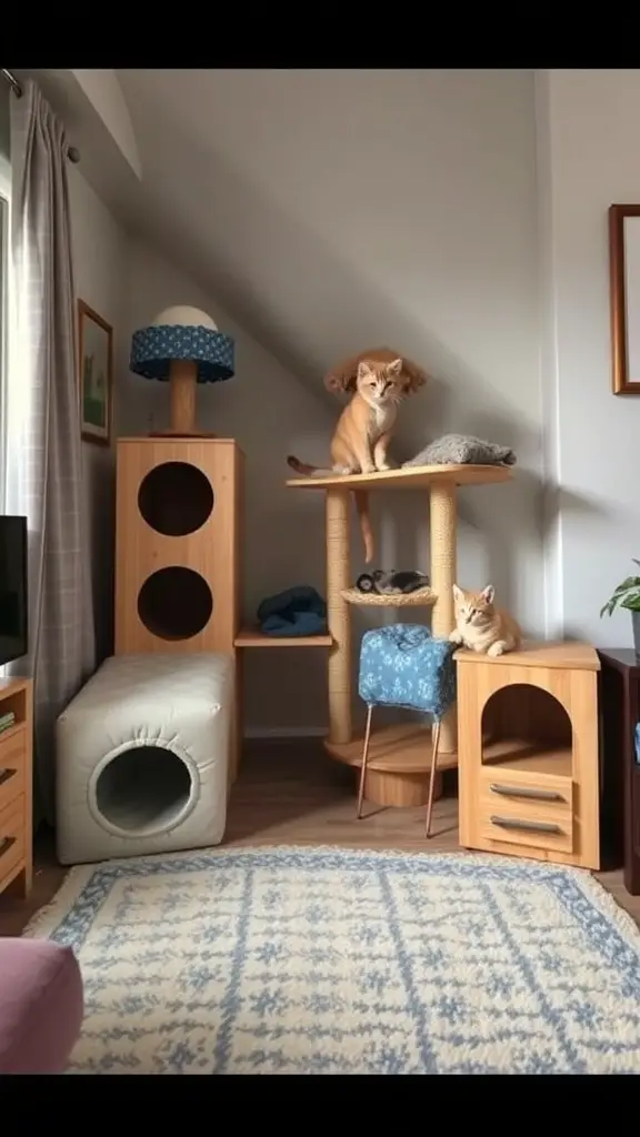 17 Purrfect Cat Apartment Ideas for Happy Felines 16 A cozy cat play area in a small apartment featuring a multi-level cat tree, a tunnel, and perches.
