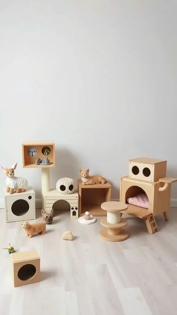 15 Creative Cat Room Ideas You’ll Love 13 A stylish arrangement of DIY cat furniture including scratching posts and cozy hideaways.