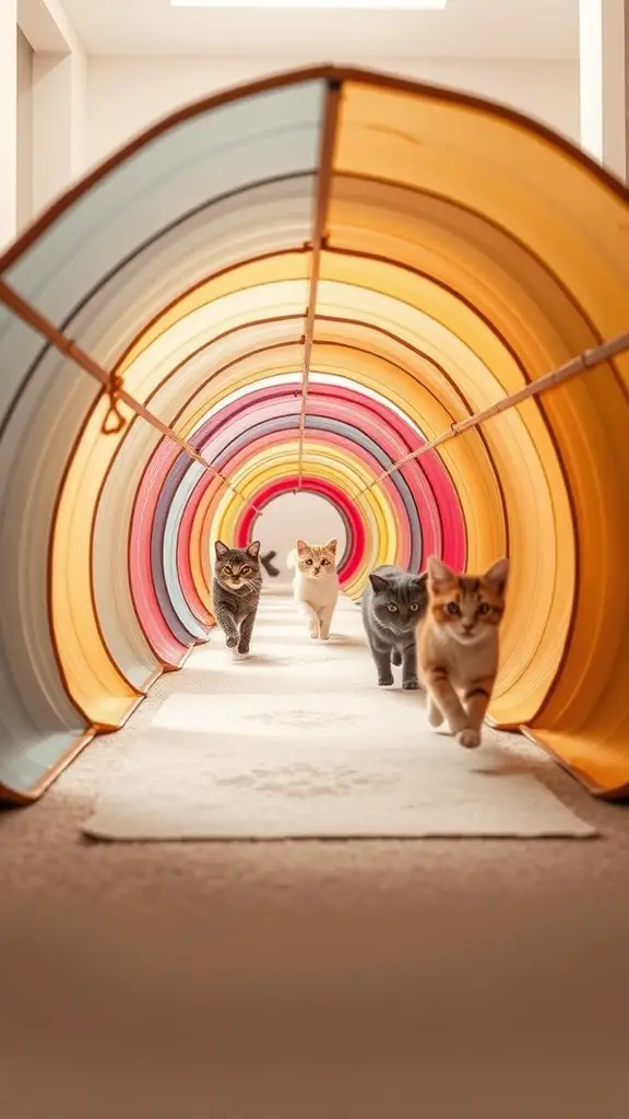 17+ Purr-fect DIY Projects for Cat Lovers 5 Cats playing in a colorful DIY tunnel