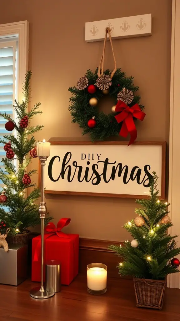 15 Creative Dollar Tree Christmas Decor Ideas for a Festive Home 11 A cozy holiday setup featuring a DIY Christmas sign, a wreath, and small decorated Christmas trees.