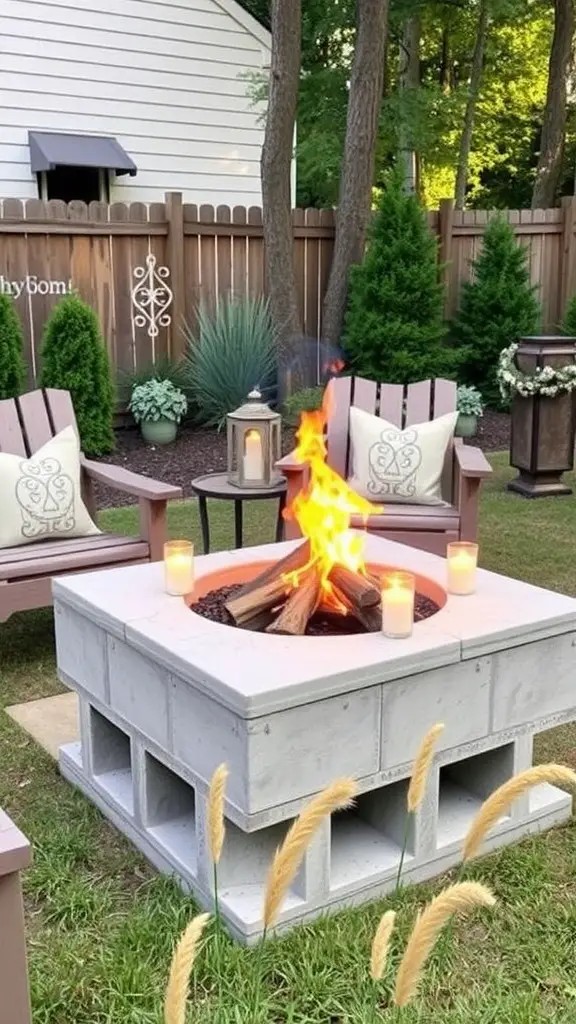 13 Creative Cinder Block Fire Pit Ideas for Your Backyard 8 A DIY cinder block fire pit table with flames, surrounded by chairs and candles.