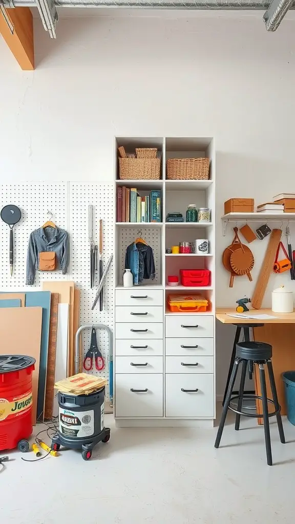 19+ Creative No Closet Solutions for Every Space 17 A well-organized DIY closet with shelves, baskets, and a pegboard for tools.