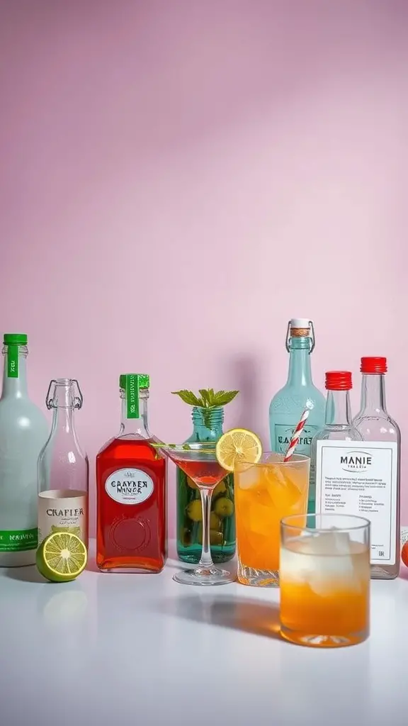 33 Fun and Creative House Party Ideas to Dazzle Your Guests 5 A colorful DIY cocktail station with various spirits, mixers, and garnishes set against a pink background.