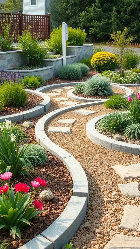 29 Creative DIY Concrete Molds for Your Next Project 8 A beautifully landscaped garden with curved concrete edging, colorful flowers, and lush greenery.