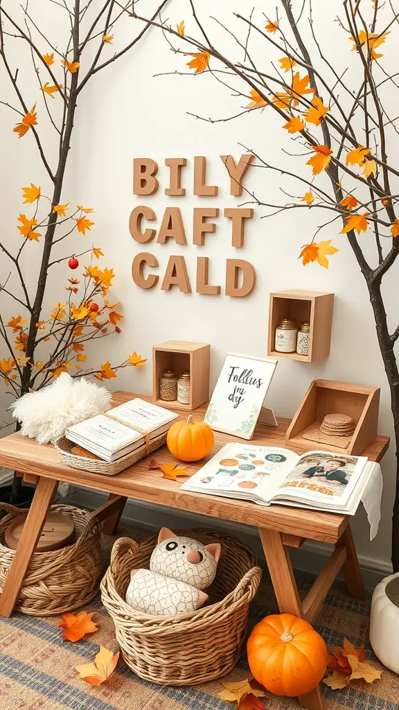 17 Creative Baby Shower Ideas for a September Celebration 8 A cozy DIY craft corner with autumn decorations, featuring a wooden table, pumpkins, and craft supplies.