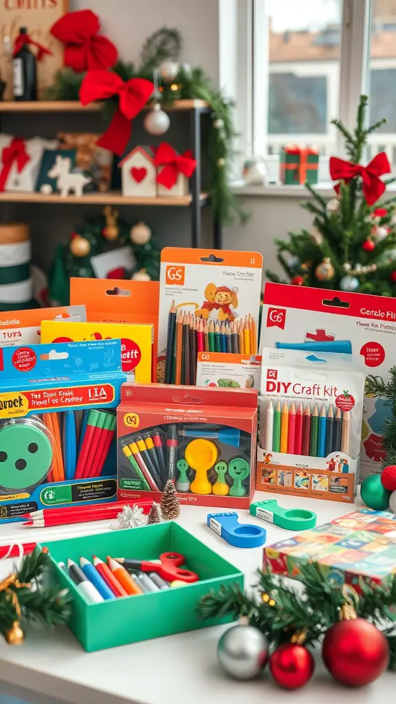 A variety of colorful DIY craft kits and supplies displayed on a table with Christmas decorations in the background.