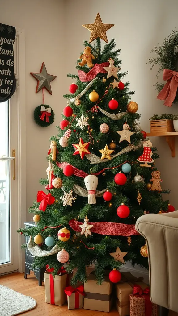 19 Unique Christmas Tree Ideas to Brighten Your Holidays 12 A beautifully decorated Christmas tree with red and gold ornaments, a star on top, and wrapped gifts underneath.