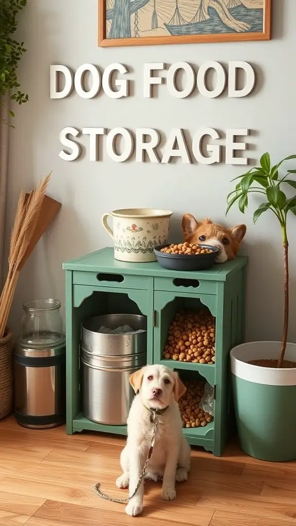 19+Essential Dog Food Storage Solutions You Need 8 A stylish dog food storage setup with a green unit, dog treats, and a potted plant.