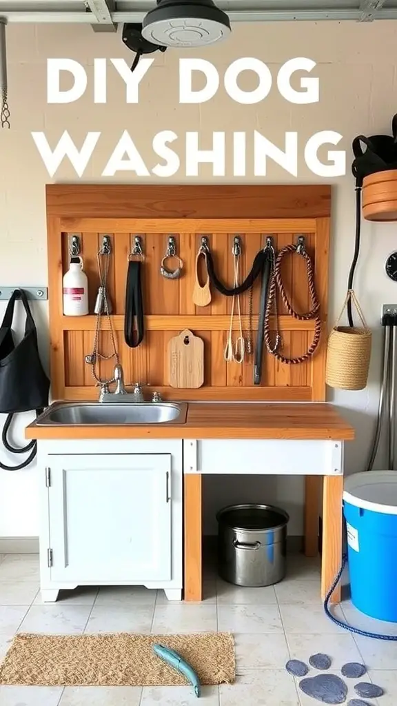 21+ Essential Items for a Perfect Dog Washing Station 2 A DIY dog washing station with hooks for leashes, a sink, and storage space.