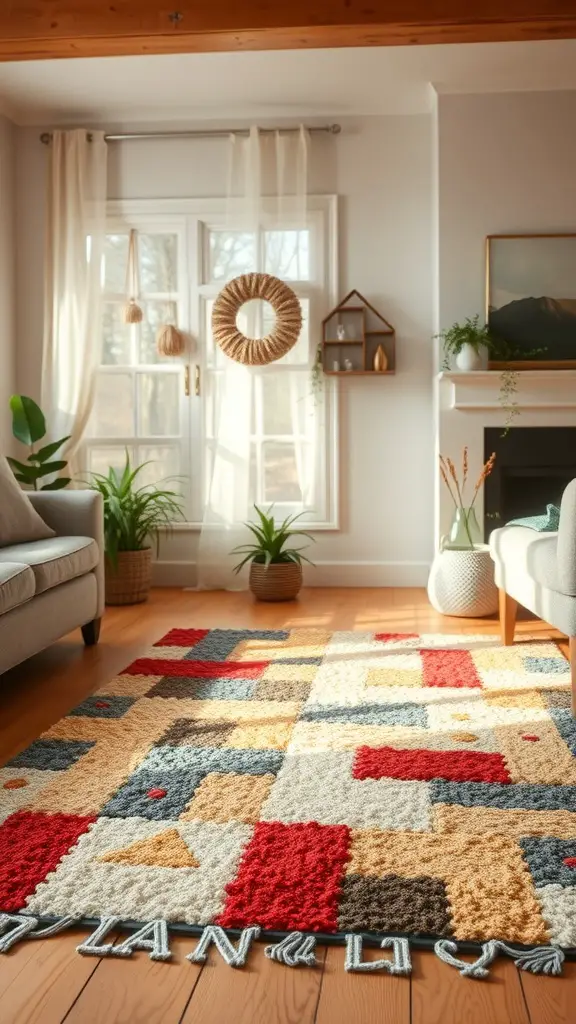 21+ Creative Scrap Fabric Projects You Can Make Today 8 A colorful DIY fabric scrap rug displayed in a cozy living room setting.