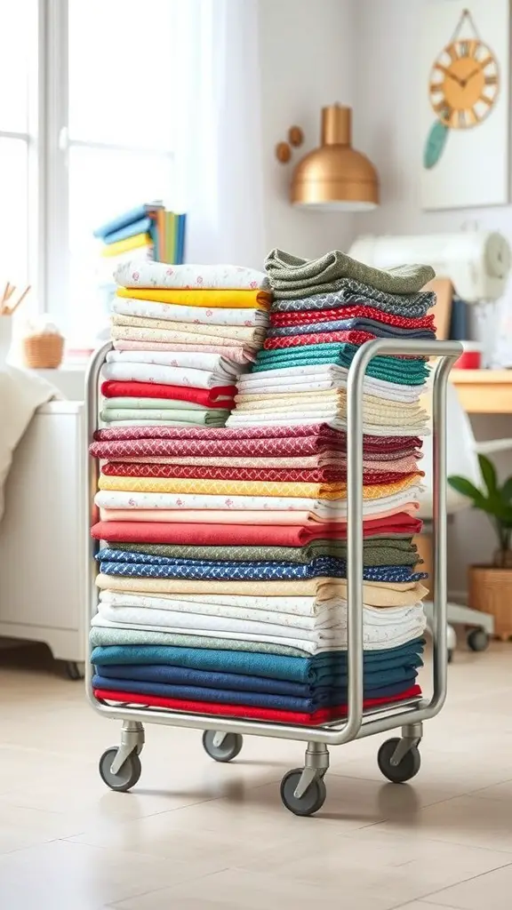 21 Creative Fabric Storage Solutions You Need to Try 7 A DIY fabric storage cart filled with neatly folded colorful fabrics in a bright room.