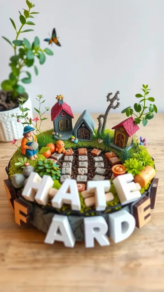 A colorful DIY fairy garden centerpiece featuring miniature houses, a gardener figure, and decorative elements.
