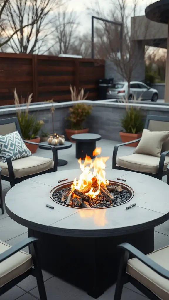 17 Creative DIY Fire Pit Ideas for Your Backyard 10 A modern DIY fire pit table with flames and surrounding seating in an outdoor setting.