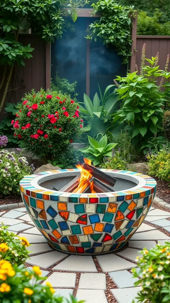 17 Creative DIY Fire Pit Ideas for Your Backyard 17 A colorful mosaic tile fire pit surrounded by flowers and greenery.