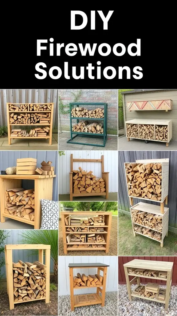 19 Creative Outdoor Firewood Storage Ideas You'll Love 14 Collage of various DIY firewood storage solutions, showcasing different styles and materials.