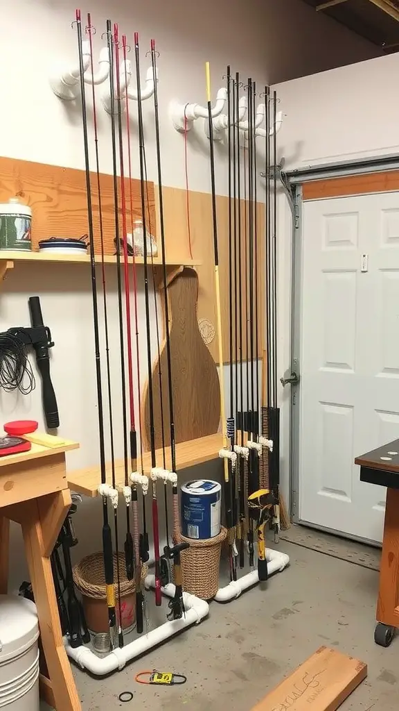 29+ Creative Fishing Rod Storage Ideas for Every Angler 4 DIY fishing rod storage solution with wall-mounted holders and PVC base.