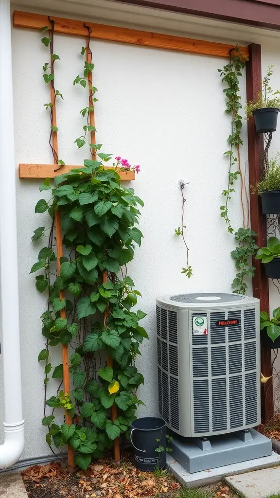 17 Creative Landscaping Ideas to Hide Your AC Unit 17 A wooden trellis with climbing plants next to an AC unit, providing privacy and greenery.