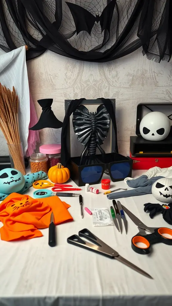 21 Spooktacular Halloween Party Ideas for a Frightfully Fun Celebration 17 A colorful workspace with crafting supplies for DIY Halloween costumes, including fabrics, scissors, and decorations.