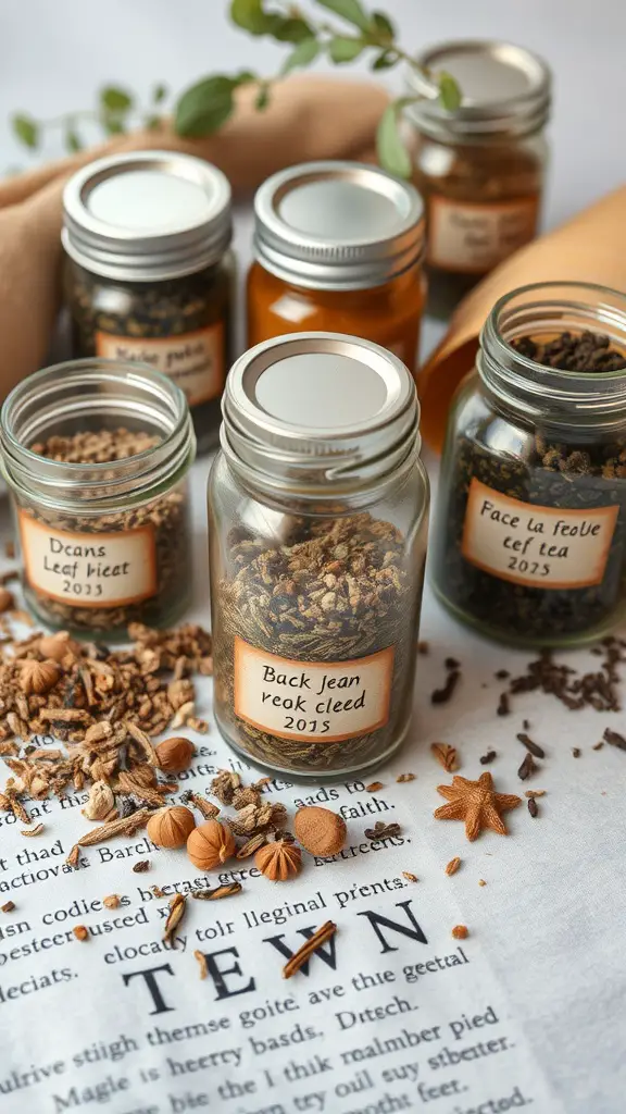 A collection of jars filled with herbal tea blends, labeled with unique names, surrounded by loose herbs and spices.