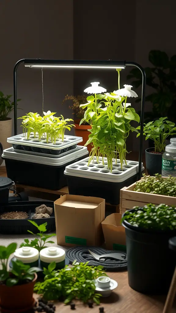 17 Innovative Hydroponic Gardening Ideas You Need to Try 16 A DIY hydroponic gardening setup with seedlings under a grow light and various gardening supplies.