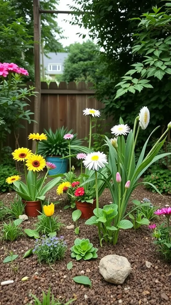 15 Creative Junk Garden Ideas to Transform Your Backyard 13 A colorful junk garden with various flowers and plants in pots, surrounded by rocks.