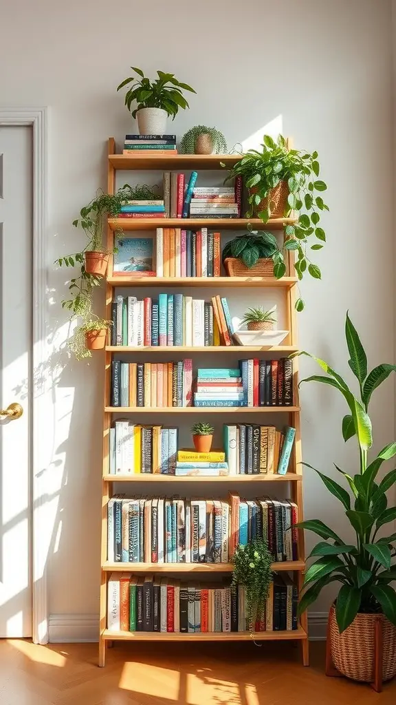 23+ Creative Book Storage Ideas for Every Space 4 A DIY ladder bookshelf filled with books and plants, showcasing a vintage look.