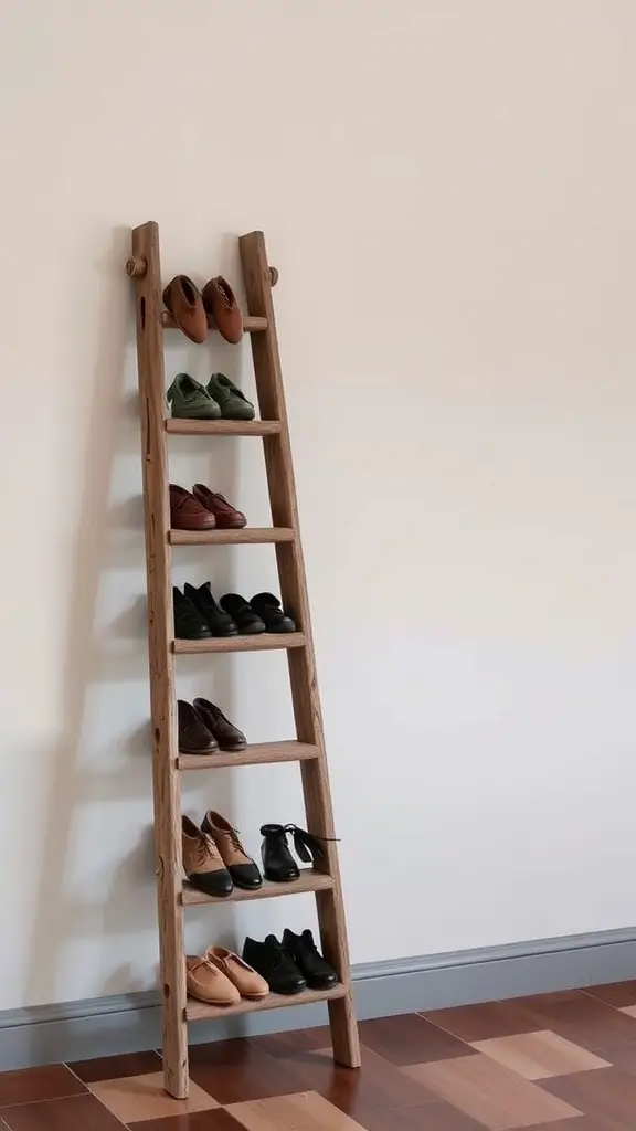 21+Creative DIY Shoe Rack Ideas to Organize Your Space 9 A wooden ladder shoe display with various pairs of shoes arranged on its steps.