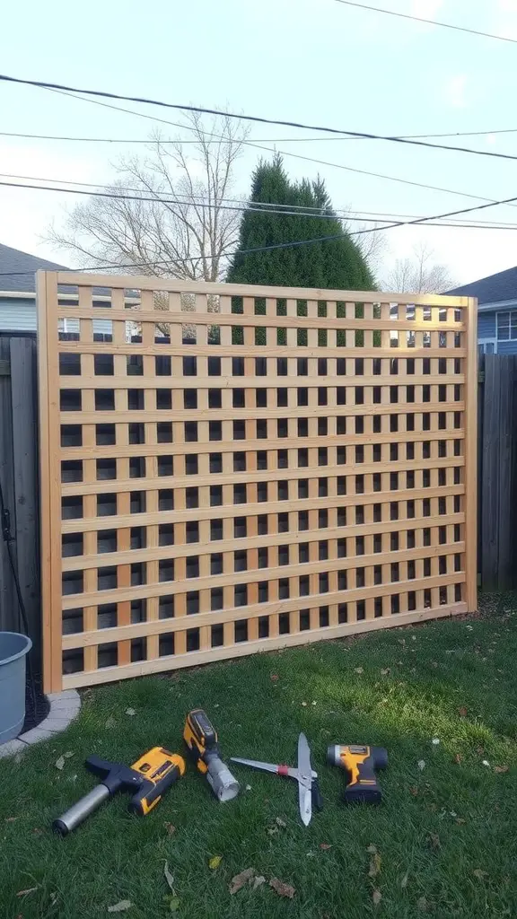 17 Creative Lattice Privacy Screen Ideas for Your Outdoor Space 9 A DIY lattice privacy screen under construction with tools on the grass.