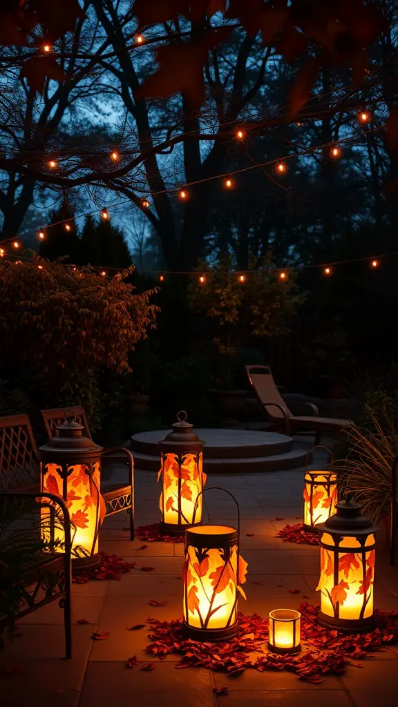 17 Creative Fall Leaves Decor Ideas for a Cozy Autumn Home 10 A cozy outdoor setting with illuminated leaf lanterns surrounded by fall leaves and string lights.