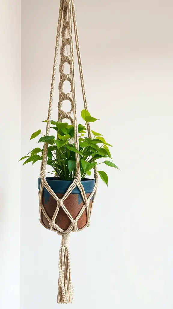 19 Stunning DIY Macrame Plant Hangers to Elevate Your Home Decor 11 A macrame plant hanger made from recycled materials, holding a green plant in a pot.